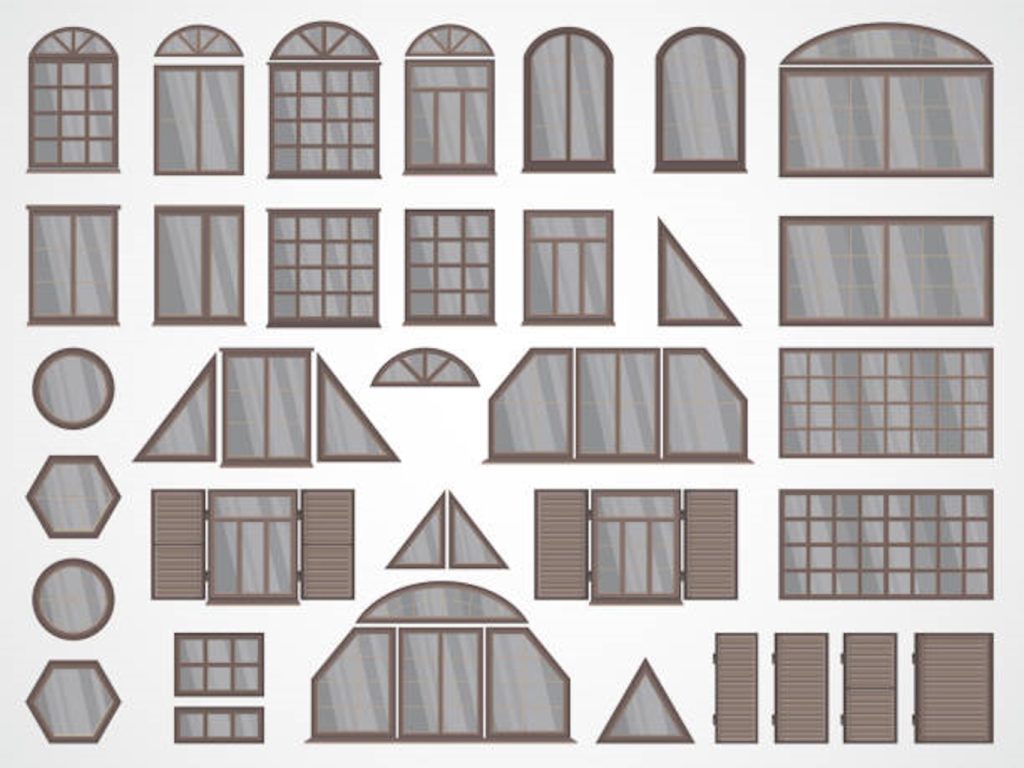 Vector set of different windows and shutters. In light colors.